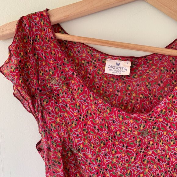 Alchemy Red Recycled Silk Asymmetrical Pattered Red Top Size small - Picture 3 of 4